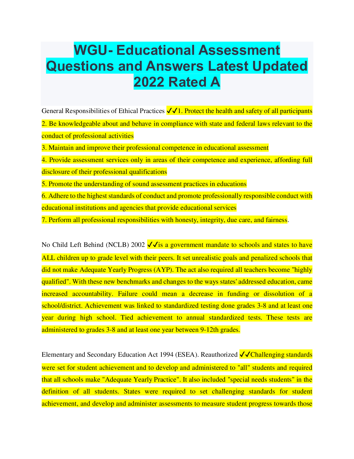 Preview of WGU- Educational Assessment Questions and Answers Latest Updated 2022 Rated A
